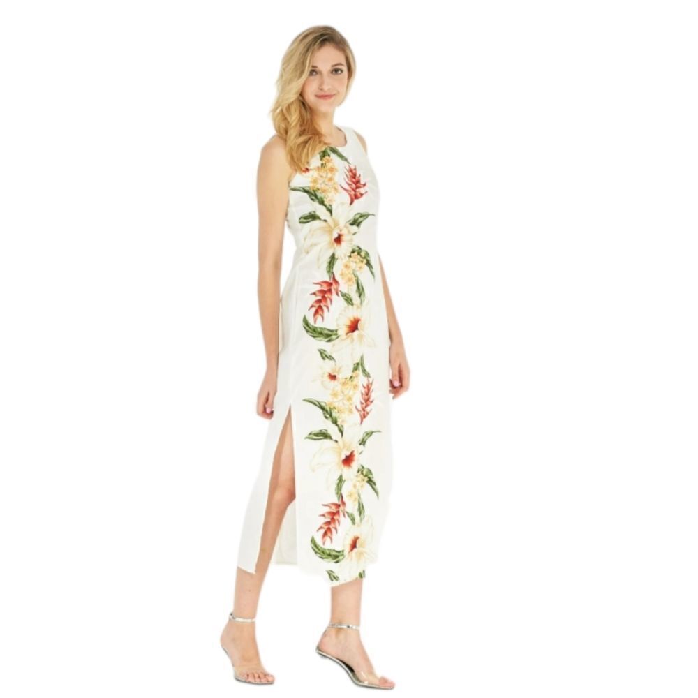 KY'S Hawaiian floral sleeveless white midi dress‎ with side slits L